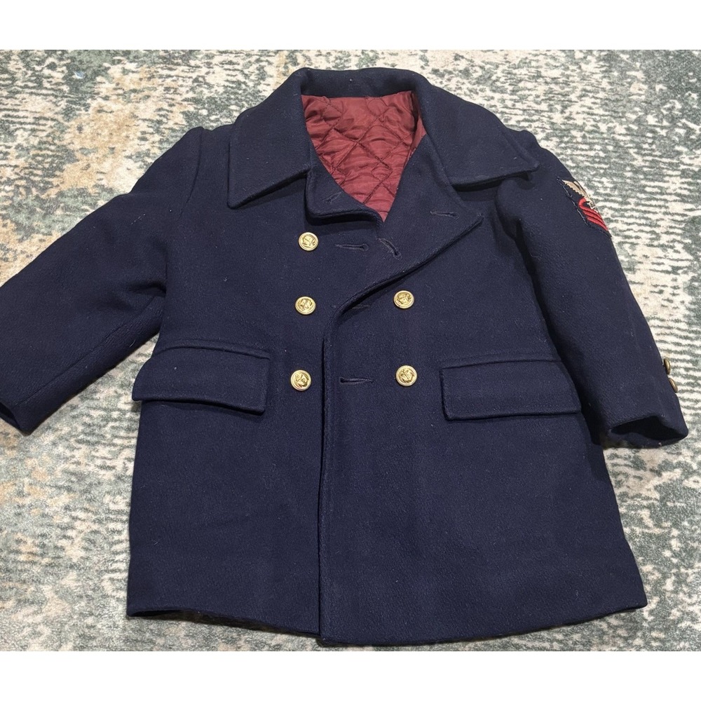 Vintage 1950s Fieldston Clothes Kids Wool Pea Coat Navy Blue Sailor Jacket Sz 4